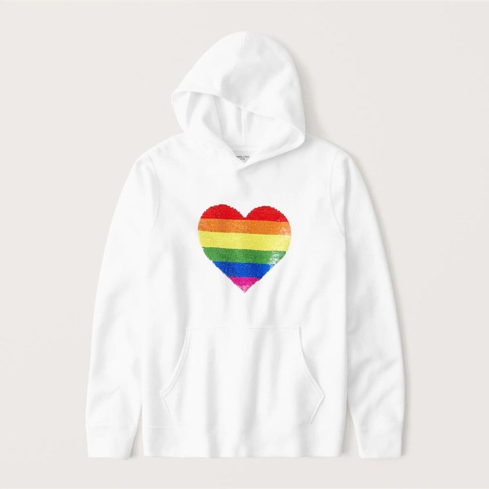 NWT A&F White Pride Flip Sequin Heart Hoodie Sweatshirt, XXS